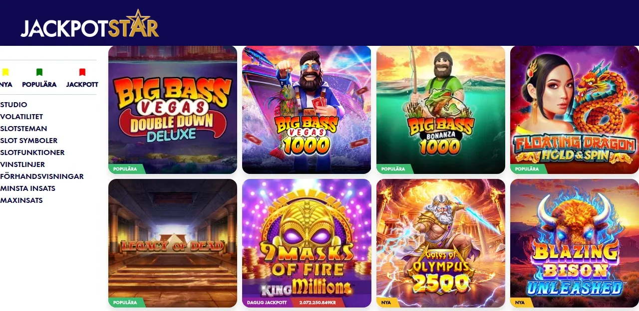 Ytterligare en del av Jackpotstars spellobby längre ner på startsidan