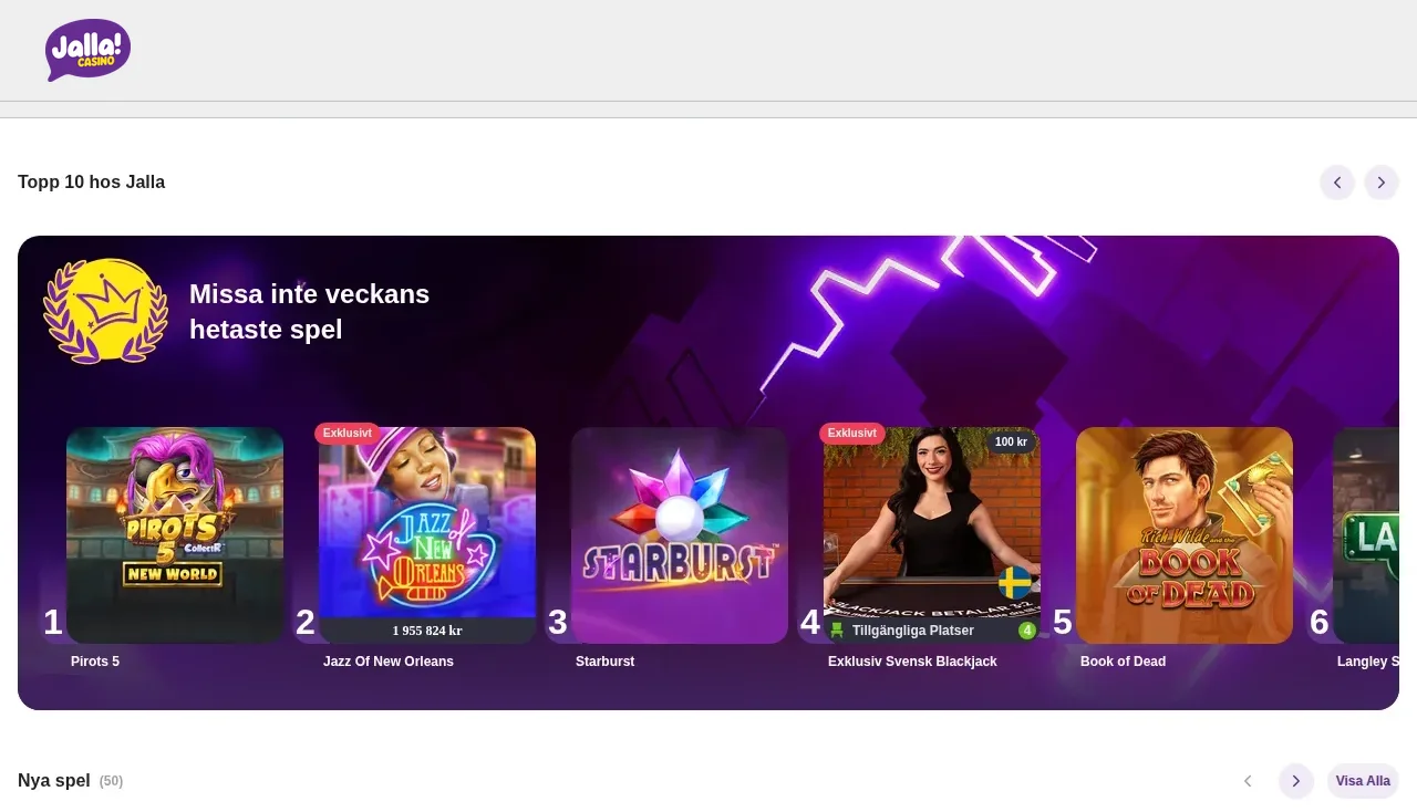 Jallacasinos spellobby med spelrutor för slots och casinospel