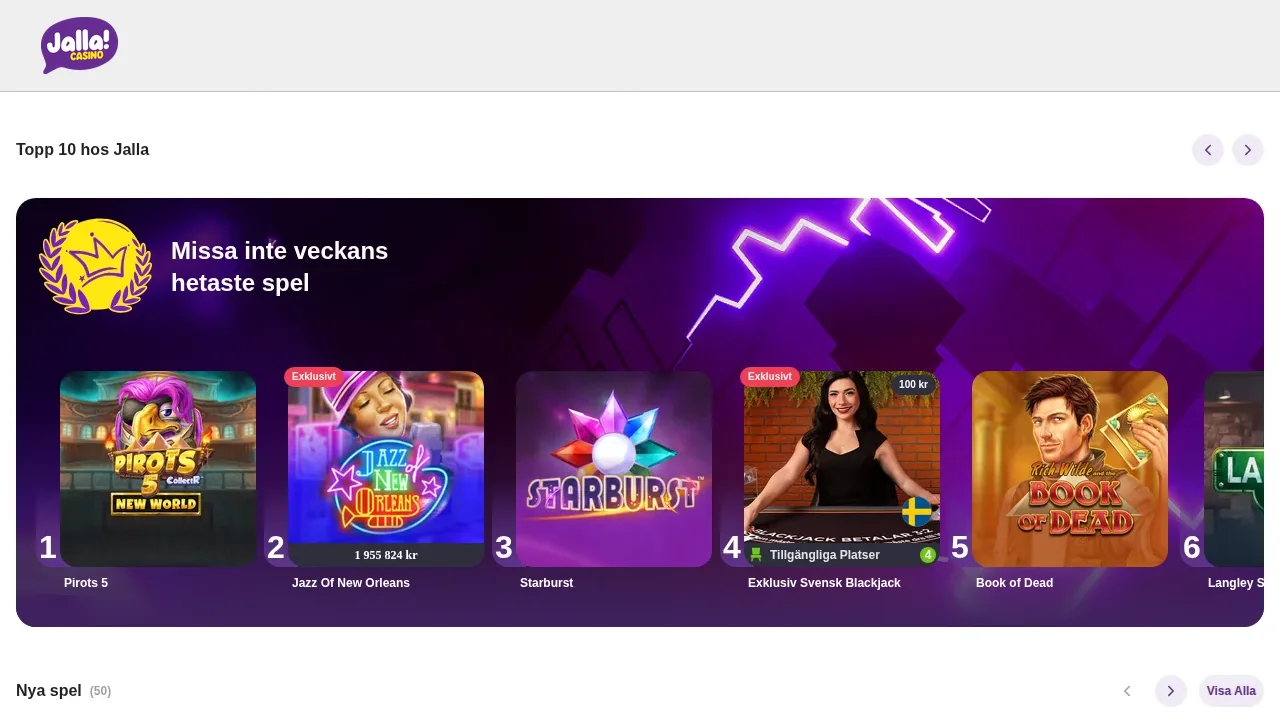 Jallacasinos slotlobby med spel från flera leverantörer