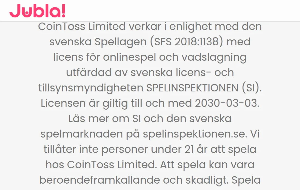 Licensinformationen på Jublas sajt med CoinToss Limited och Spelinspektionen