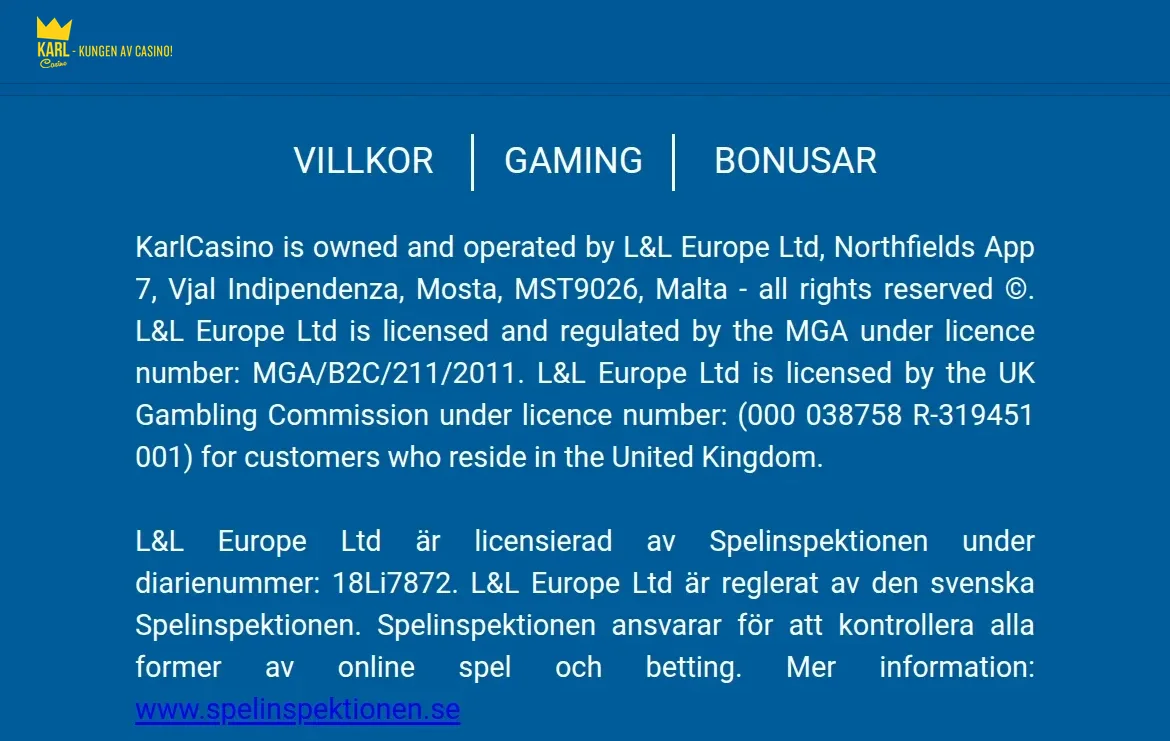 Licensinformation på Karlcasinos sajt med spelmyndighet och licensnummer