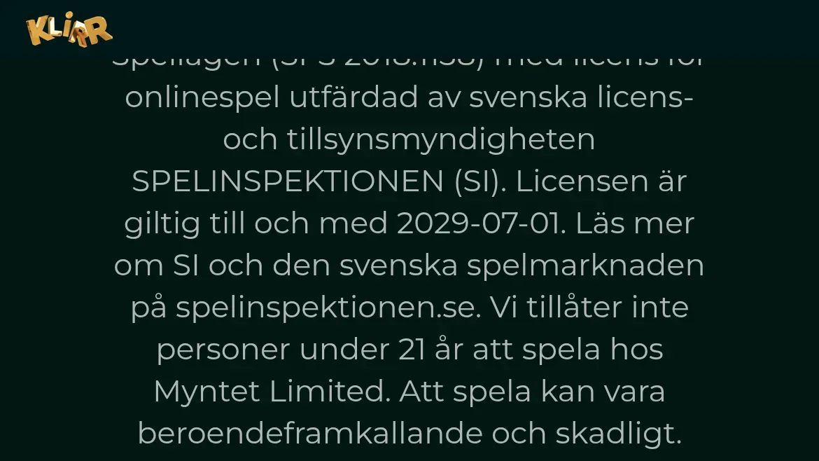Klirrs sida om licens och åldersgräns på 21 år