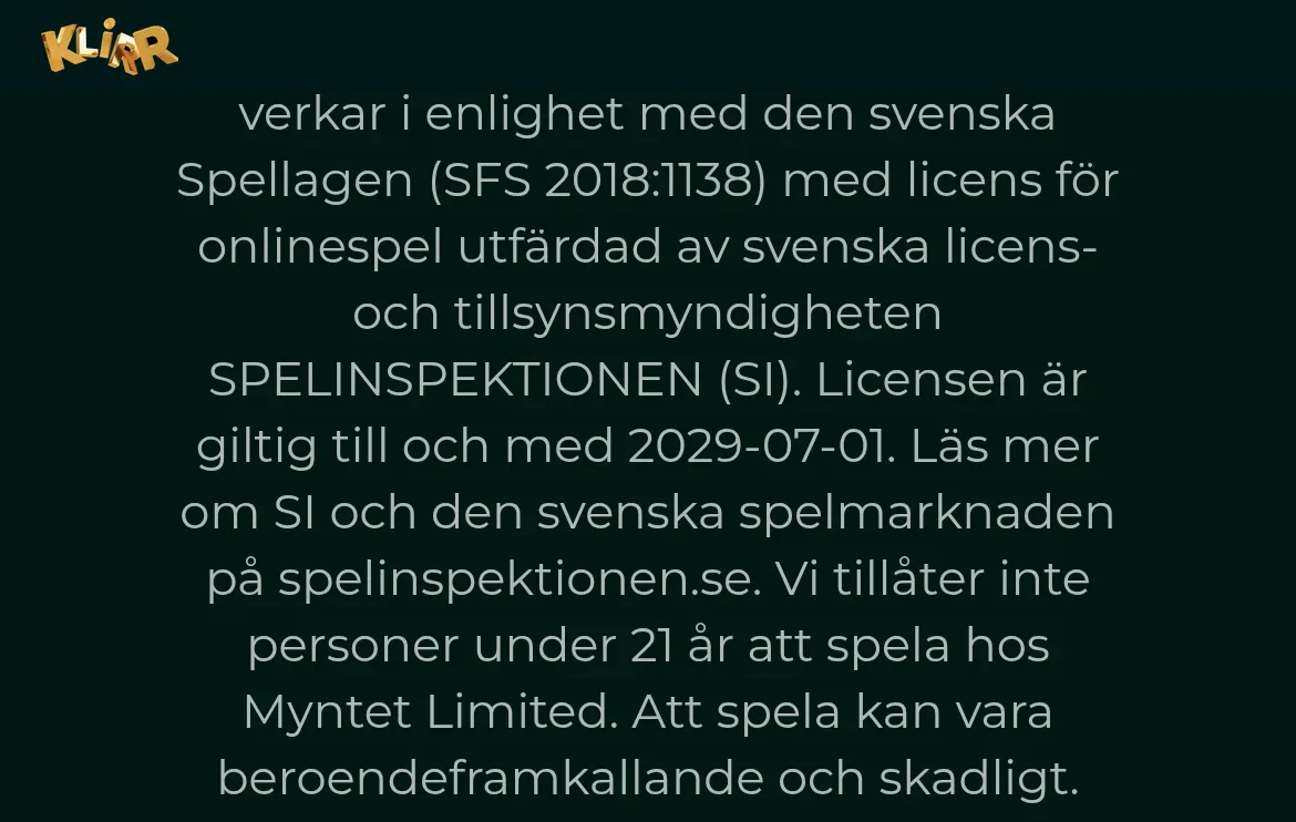 Licensmeddelandet på Klirrs sajt med hänvisning till Spelinspektionen