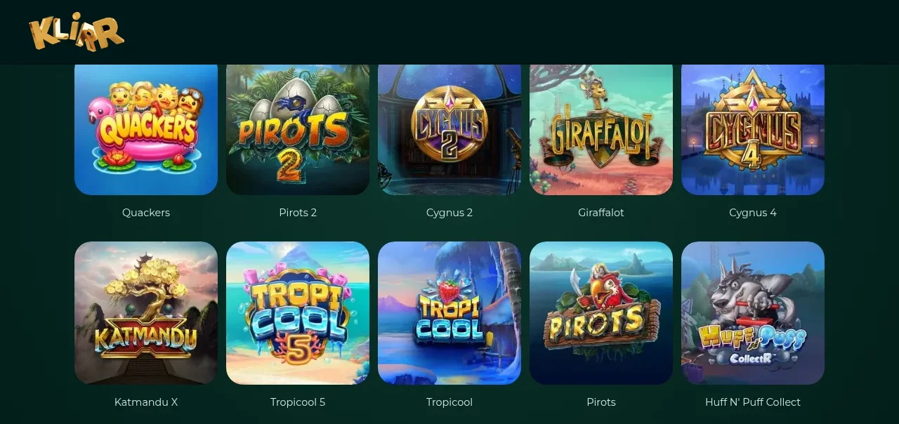 Startsidan hos Klirr med spellobby och tydliga länkar till spelgränser