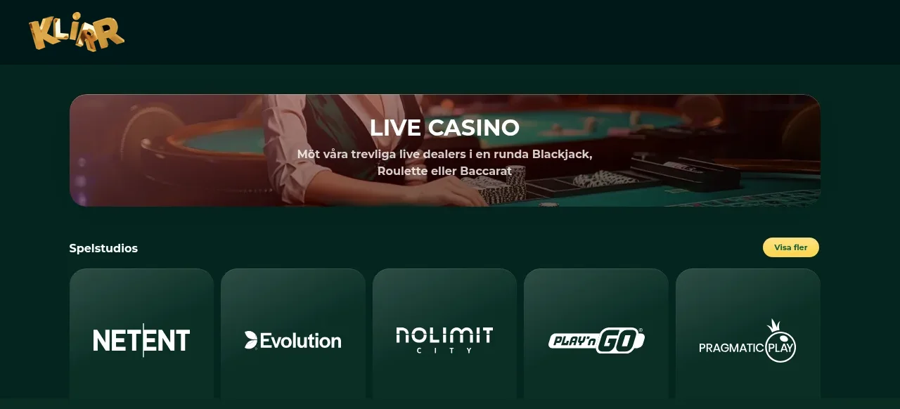 Klirrs spelsida med slots och jackpottar