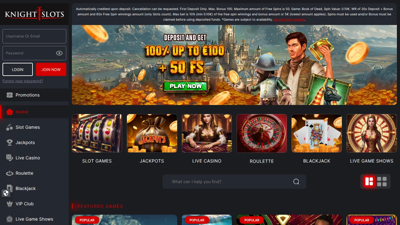 Knightslots startsida med logotyp, toppbanner och första erbjudandet