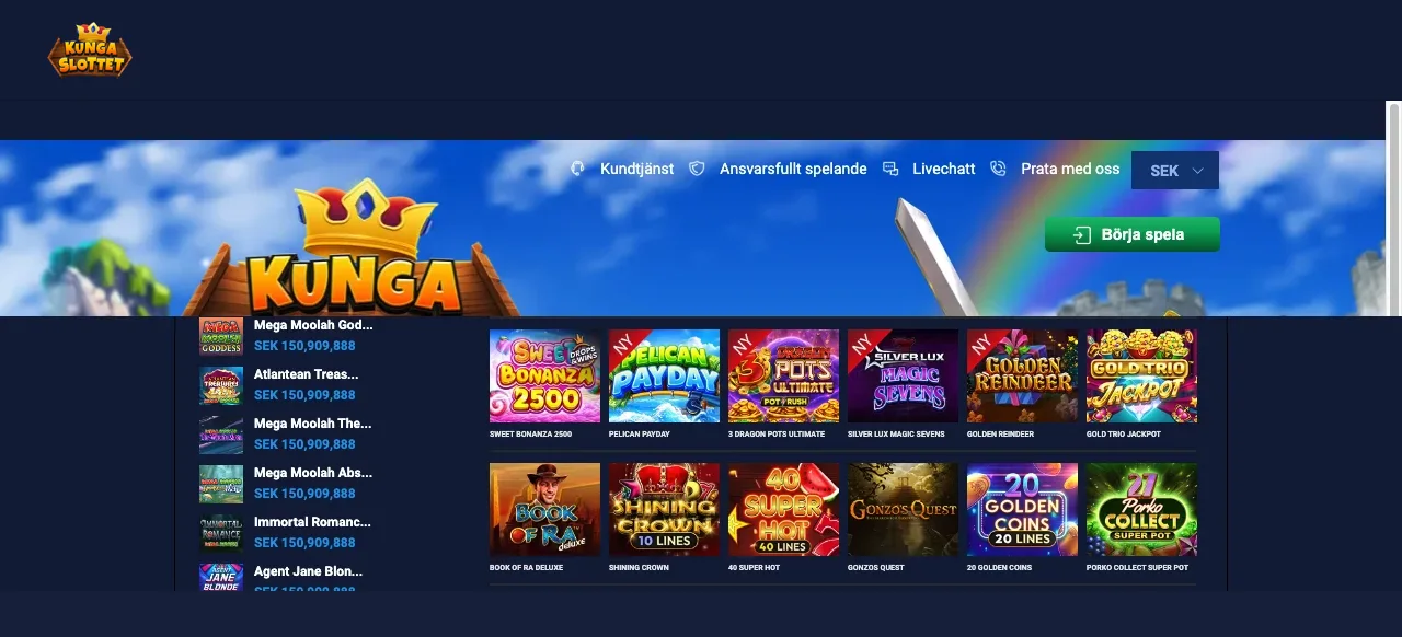 Slotlobbyn hos Kungaslottet med spelrutor