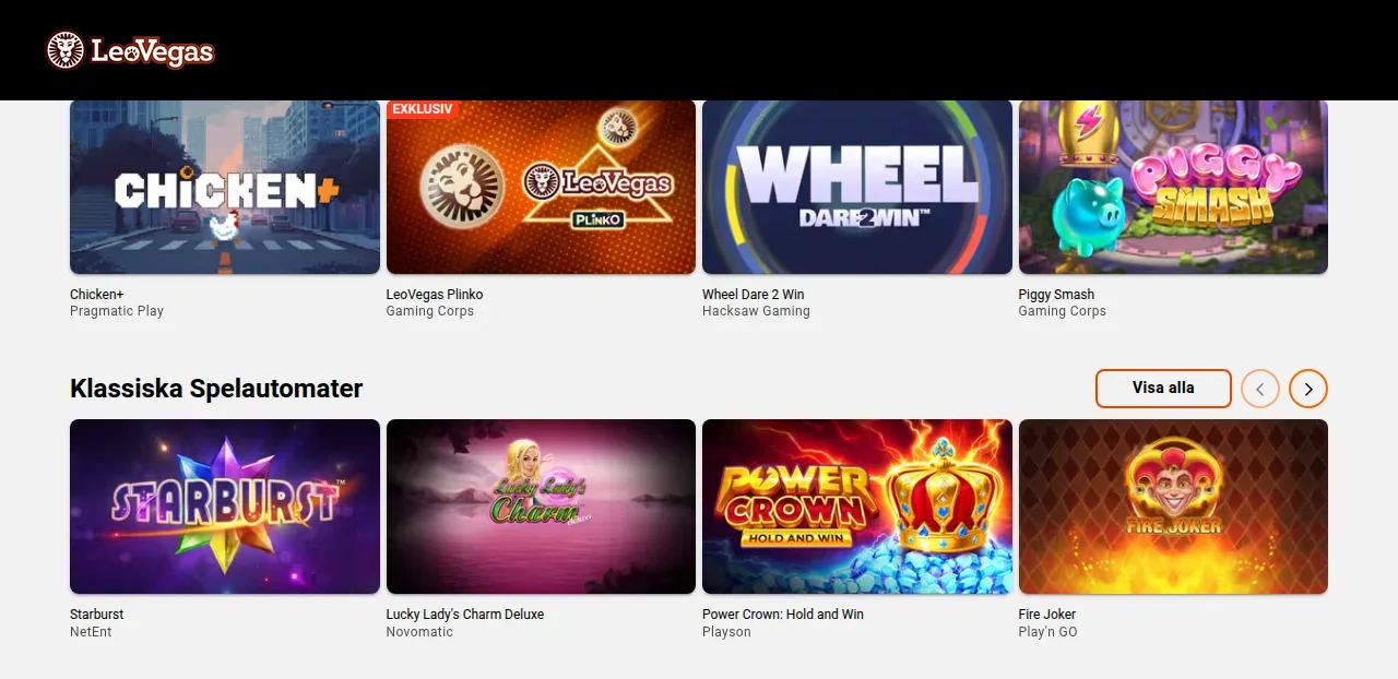 LeoVegas spellobby med rutor för slots och andra casinospel