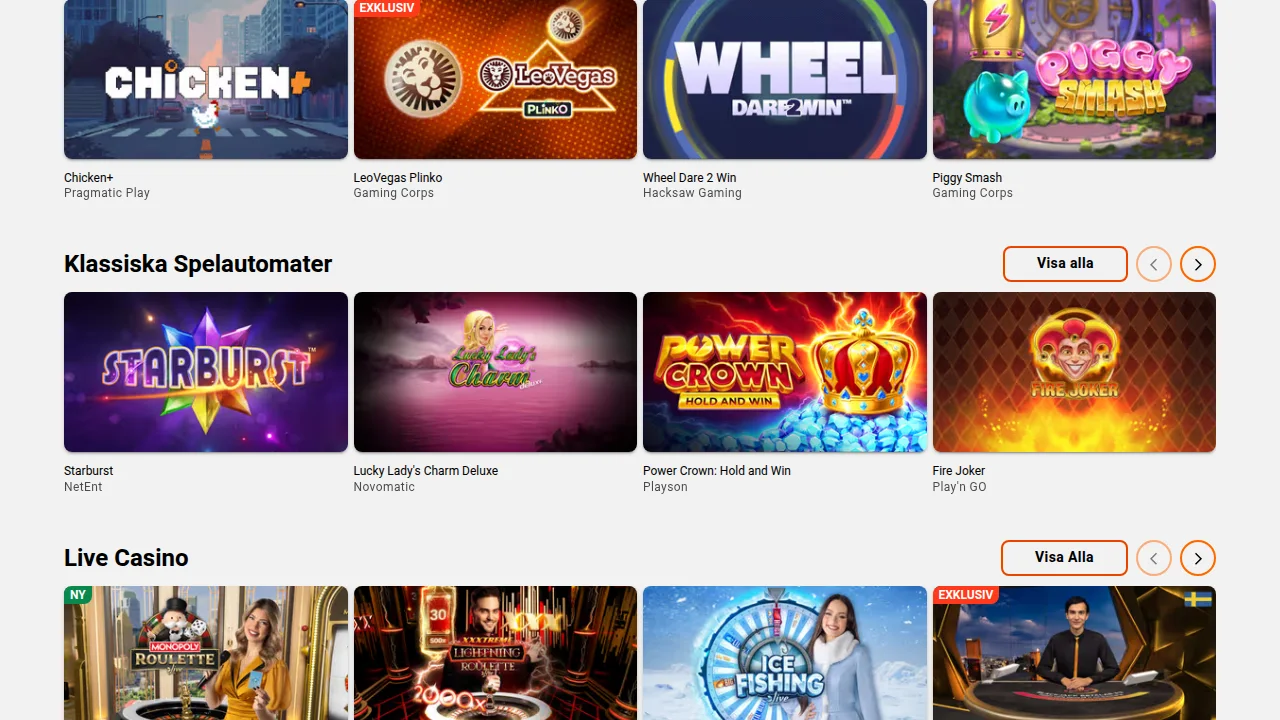 Spelautomater i LeoVegas lobby med filter för leverantörer och spelfunktioner