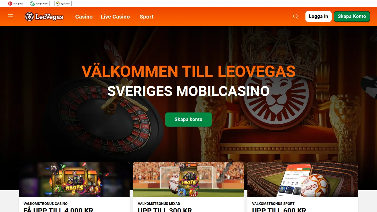 Toppen av LeoVegas startsida med logotyp, hero och första erbjudandet