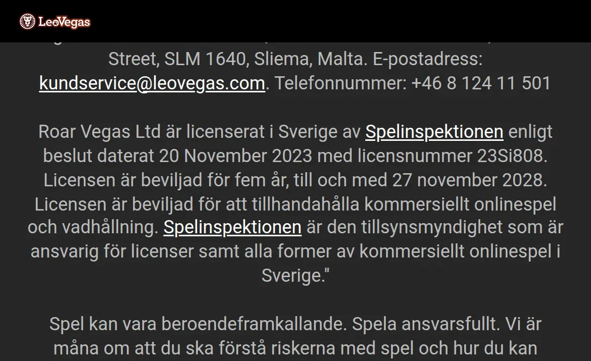 Licensnotisen på LeoVegas sajt med Spelinspektionen och licensnummer 23Si808