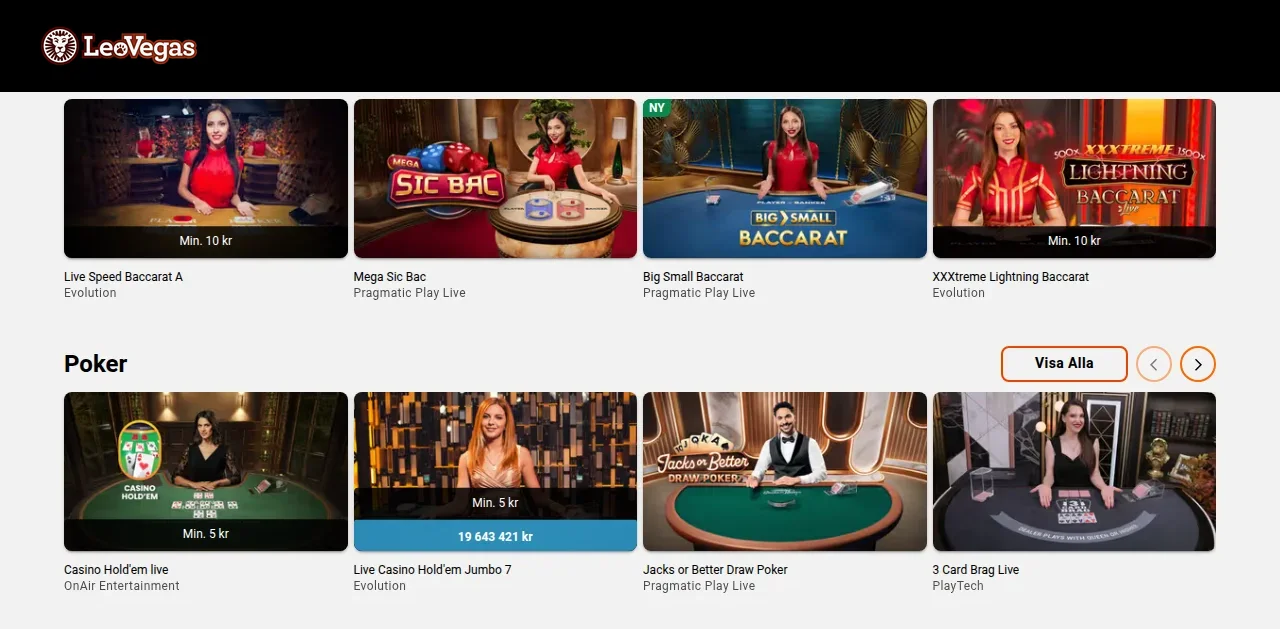 Översikt över LeoVegas livecasino