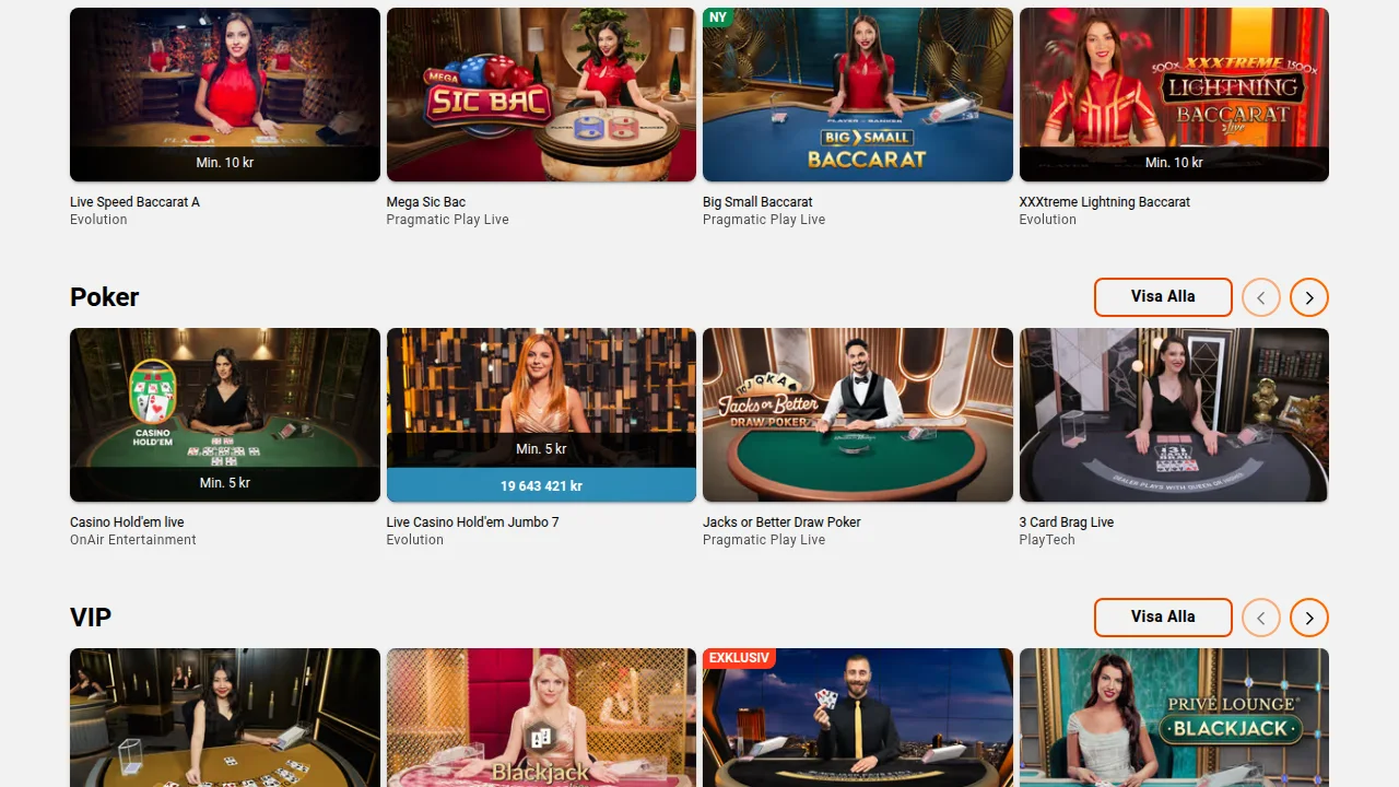 Sekce živého kasina LeoVegas s nabídkou rulety a blackjacku