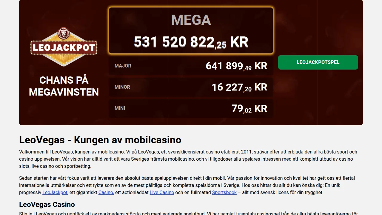 Hlavní lobby casina LeoVegas s nabídkou automatů
