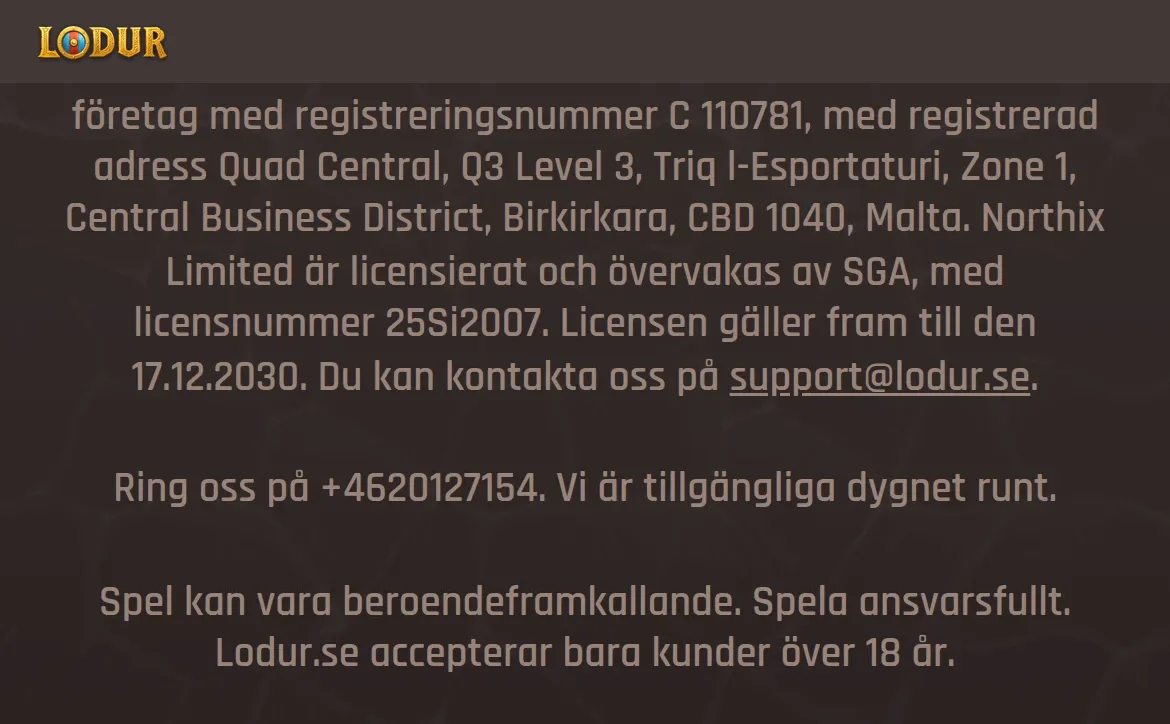 Licensinformation på Lodurs sajt med spelmyndighet och licensnummer 25Si2007