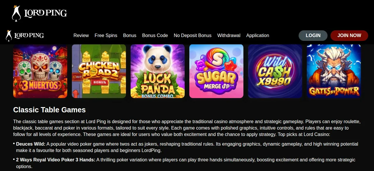 Lordpings spellobby med rutor för slots och casinospel