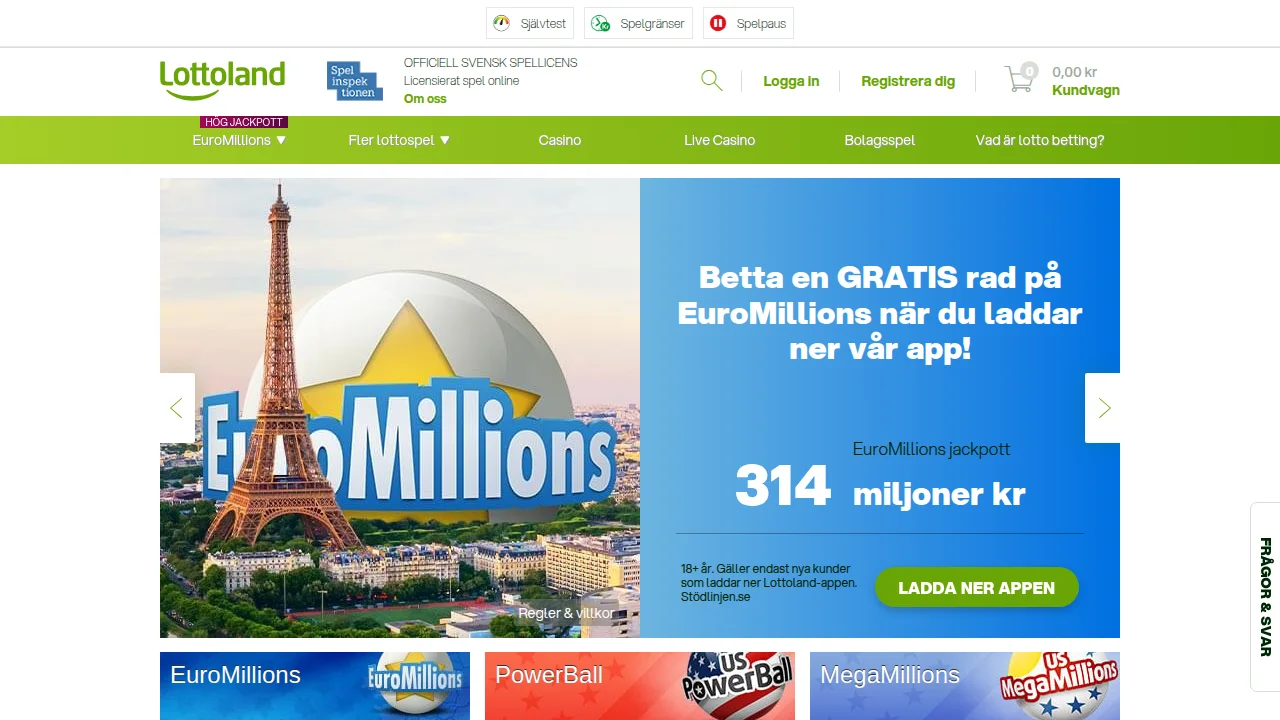 Lottolands startsida med logotyp, hero-banner och välkomsterbjudande