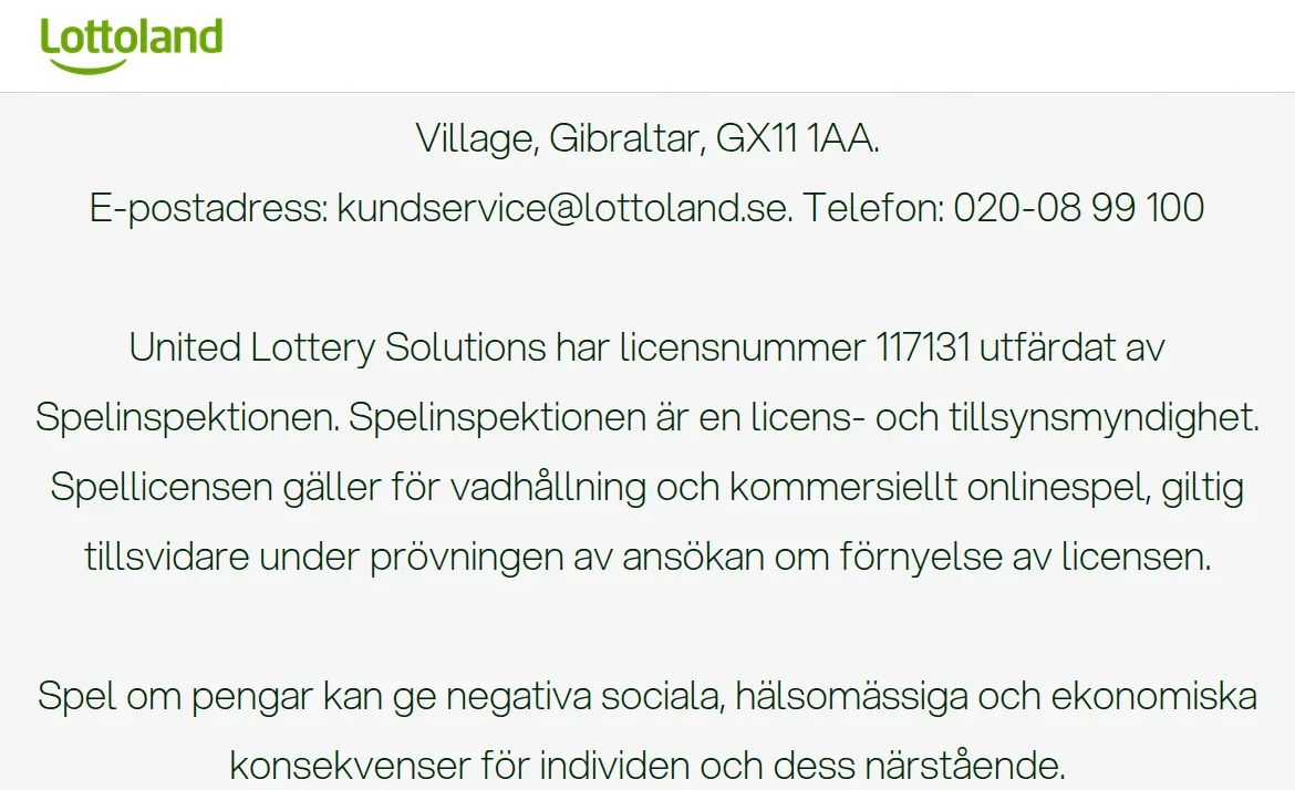 Licensinformation på Lottolands sajt med Spelinspektionen och licensnummer 117131