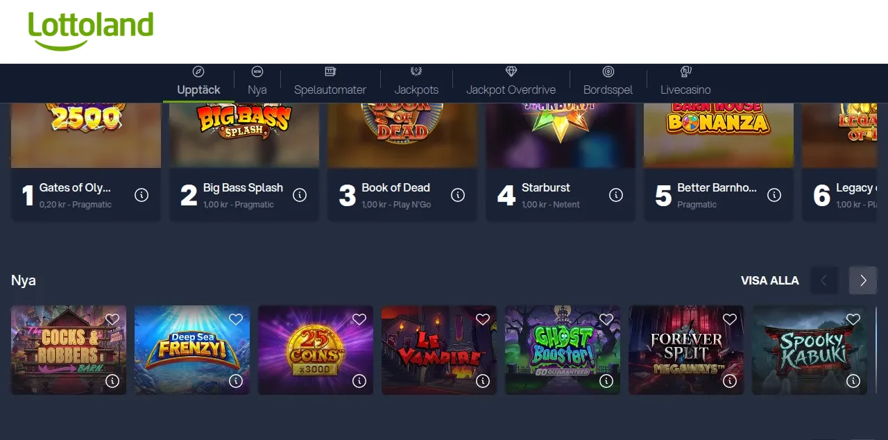 Lottolands lobby längre ner på sidan med fler spelrutor