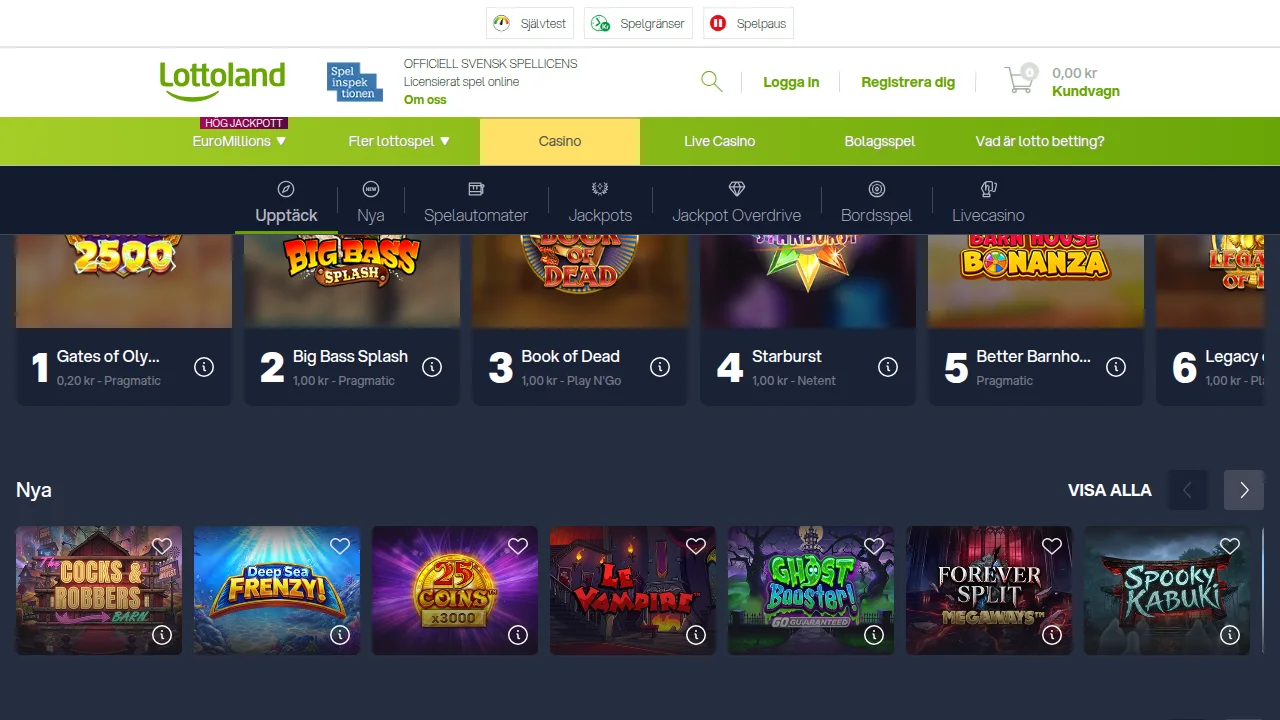 Lottolands spellobby med spel visade som spelrutor