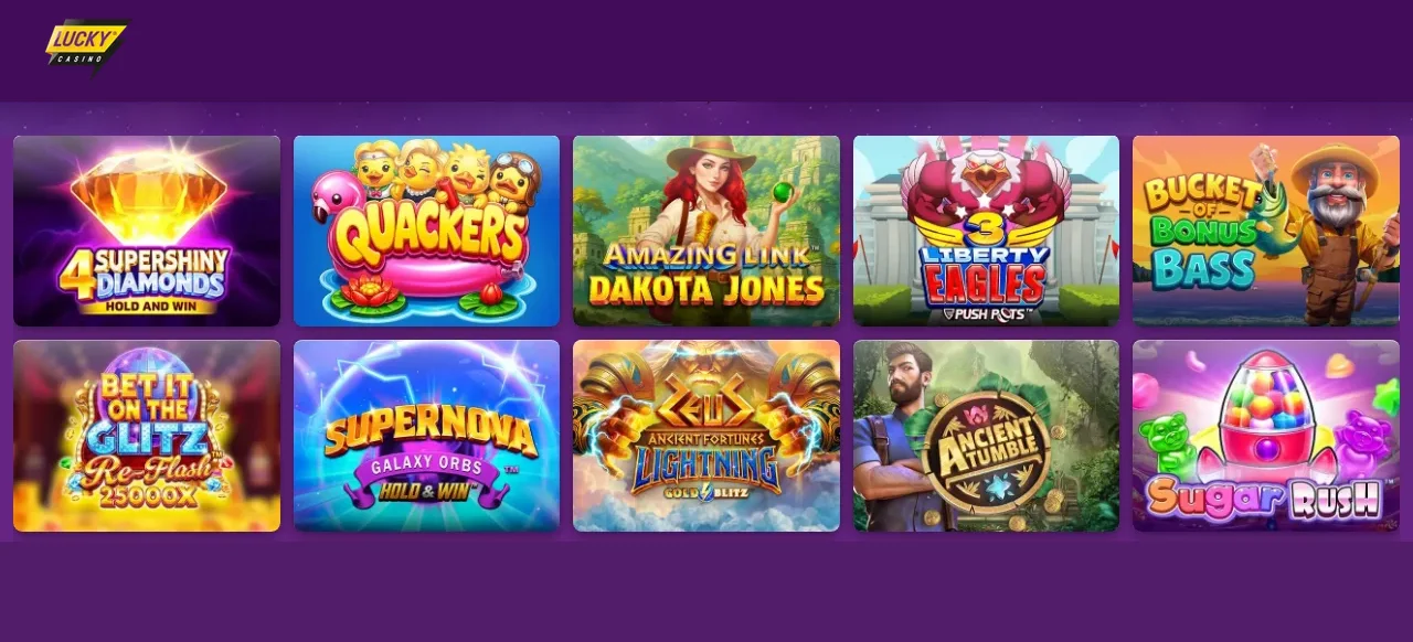 Luckycasinos spellobby med spelrutor