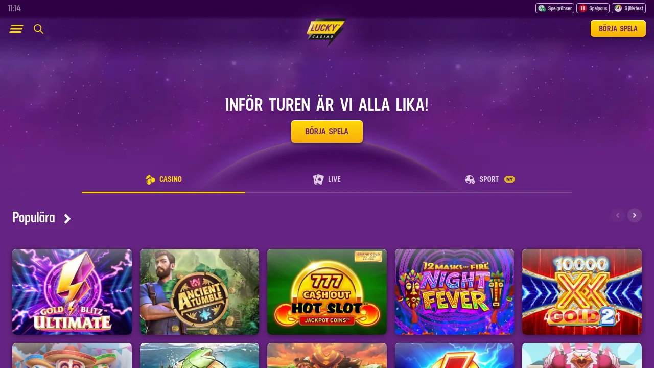 Toppen av Luckycasinos startsida med logotyp, hero och första erbjudandet