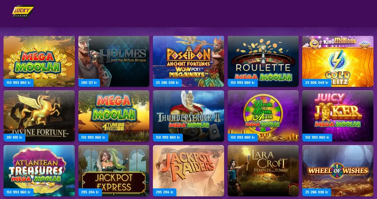 Luckycasinos jackpotsektion med jackpotspel