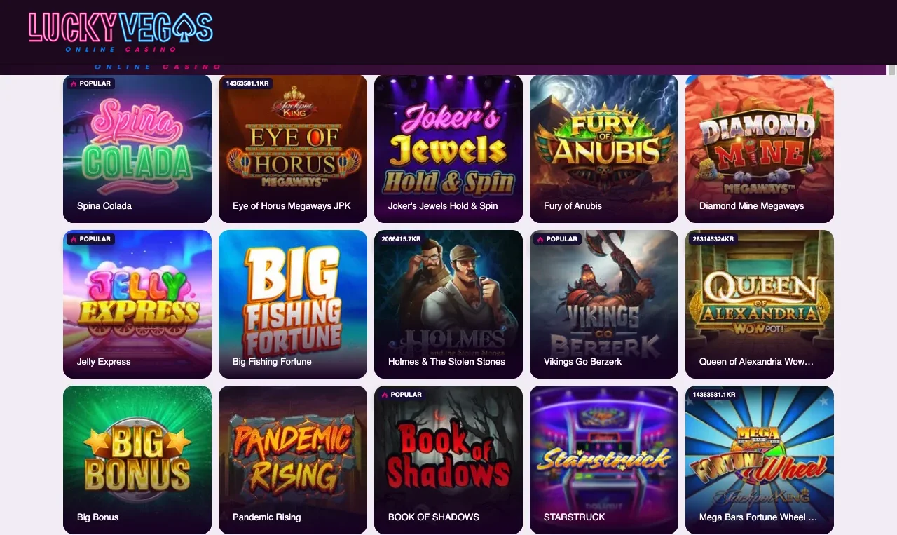 Spellobbyn på Luckyvegas med spelrutor för slots