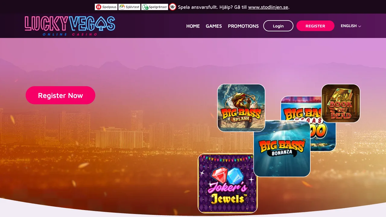 Startsidan på Luckyvegas med logotyp, toppbanner och första erbjudandet