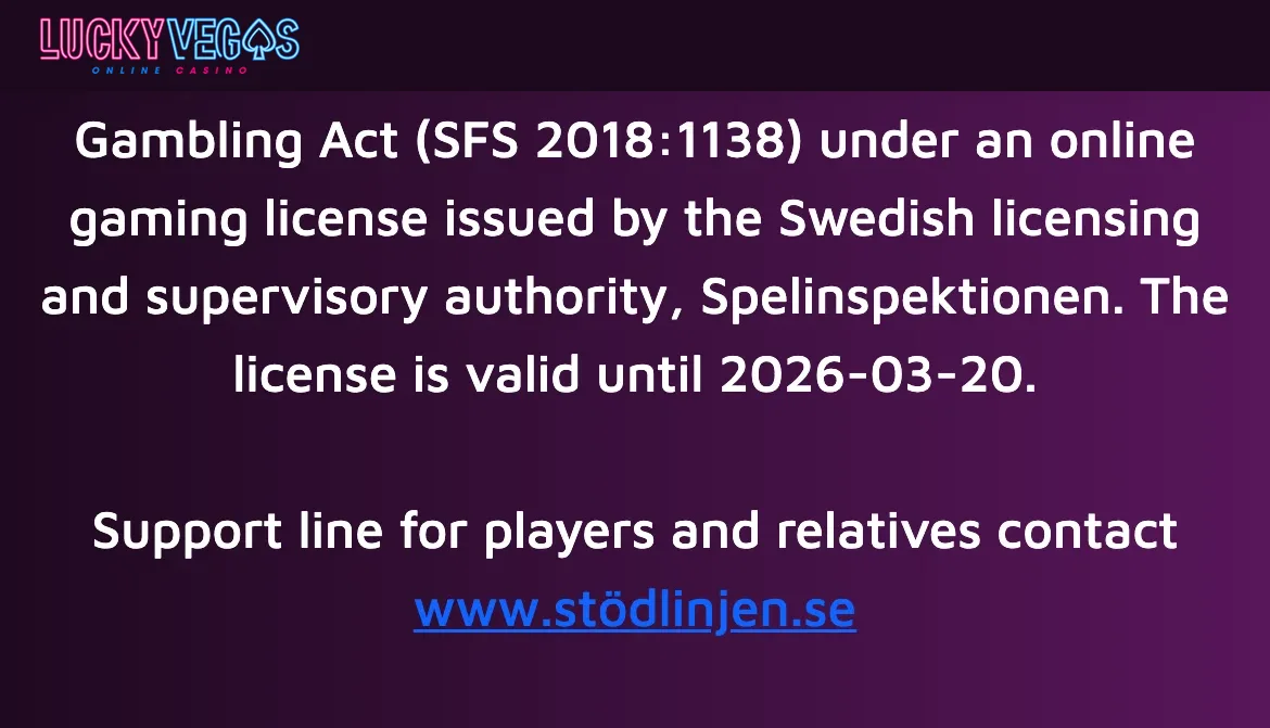 Licensuppgifterna på Luckyvegas med hänvisning till Spelinspektionen