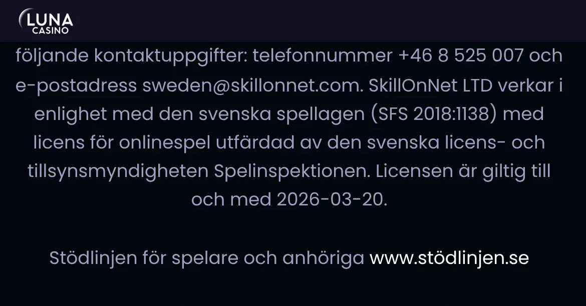Licenstexten i Lunacasinos sidfot