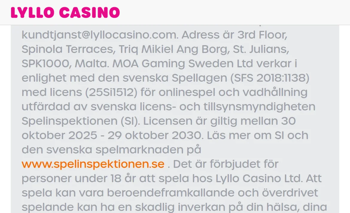 Licensinformation på Lyllocasinos sajt med Spelinspektionen och licensnummer 25Si1512