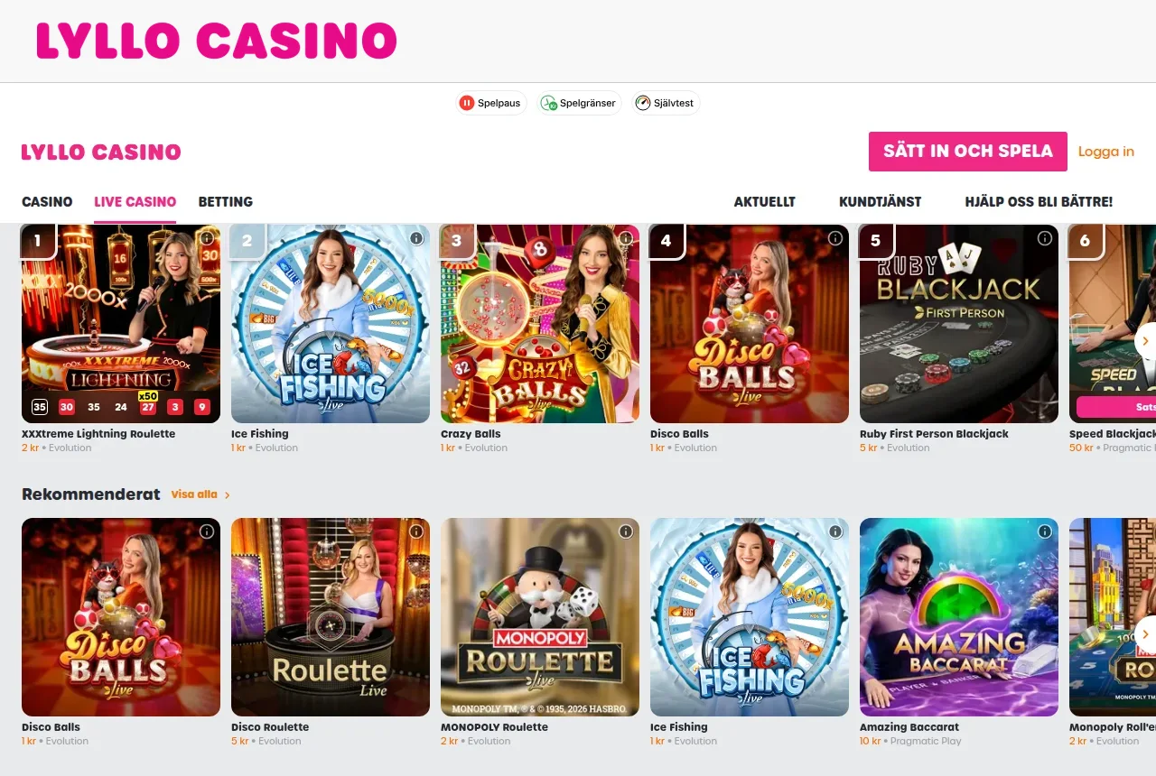Livecasinosektionen hos Lyllocasino med livebord