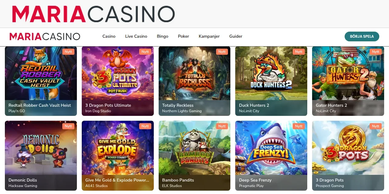 Mariacasinos spellobby med slots och spelrutor