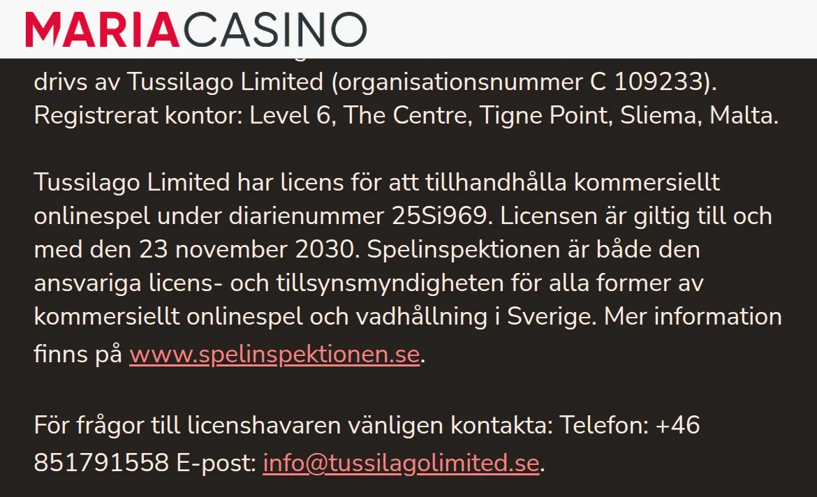 Licenstexten på Mariacasinos webbplats med Spelinspektionen och diarienummer