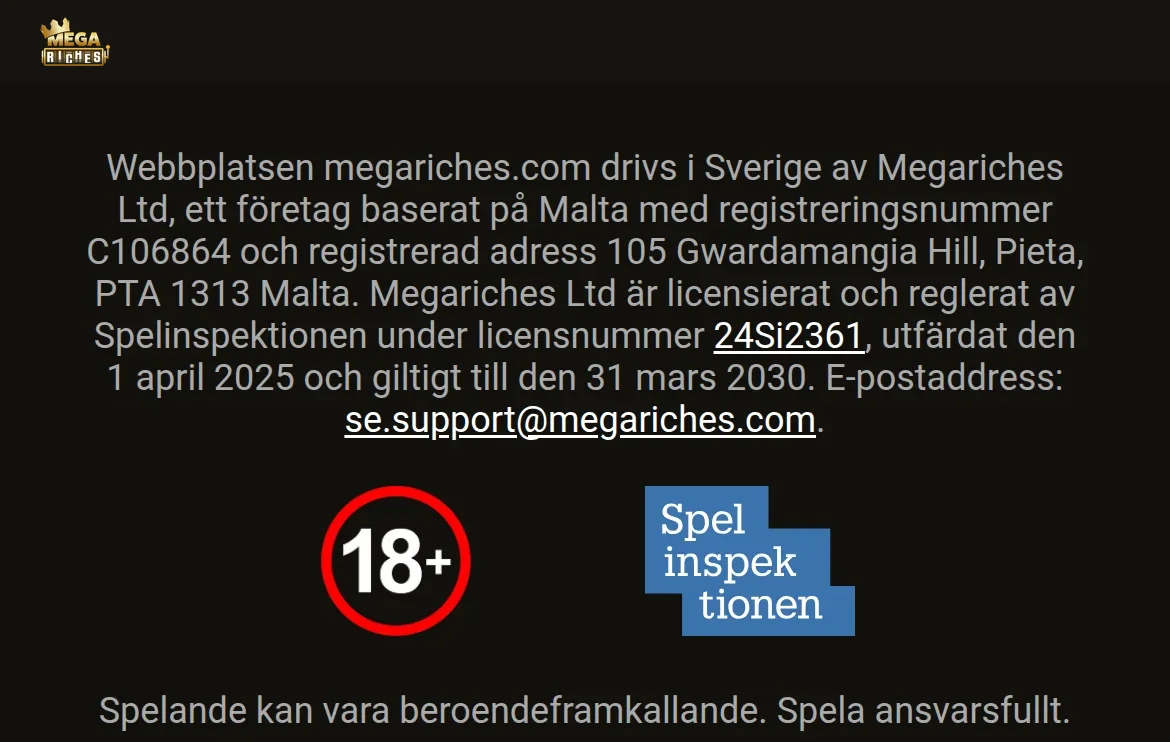 Licensinformationen hos Megariches med Spelinspektionen och licensnummer