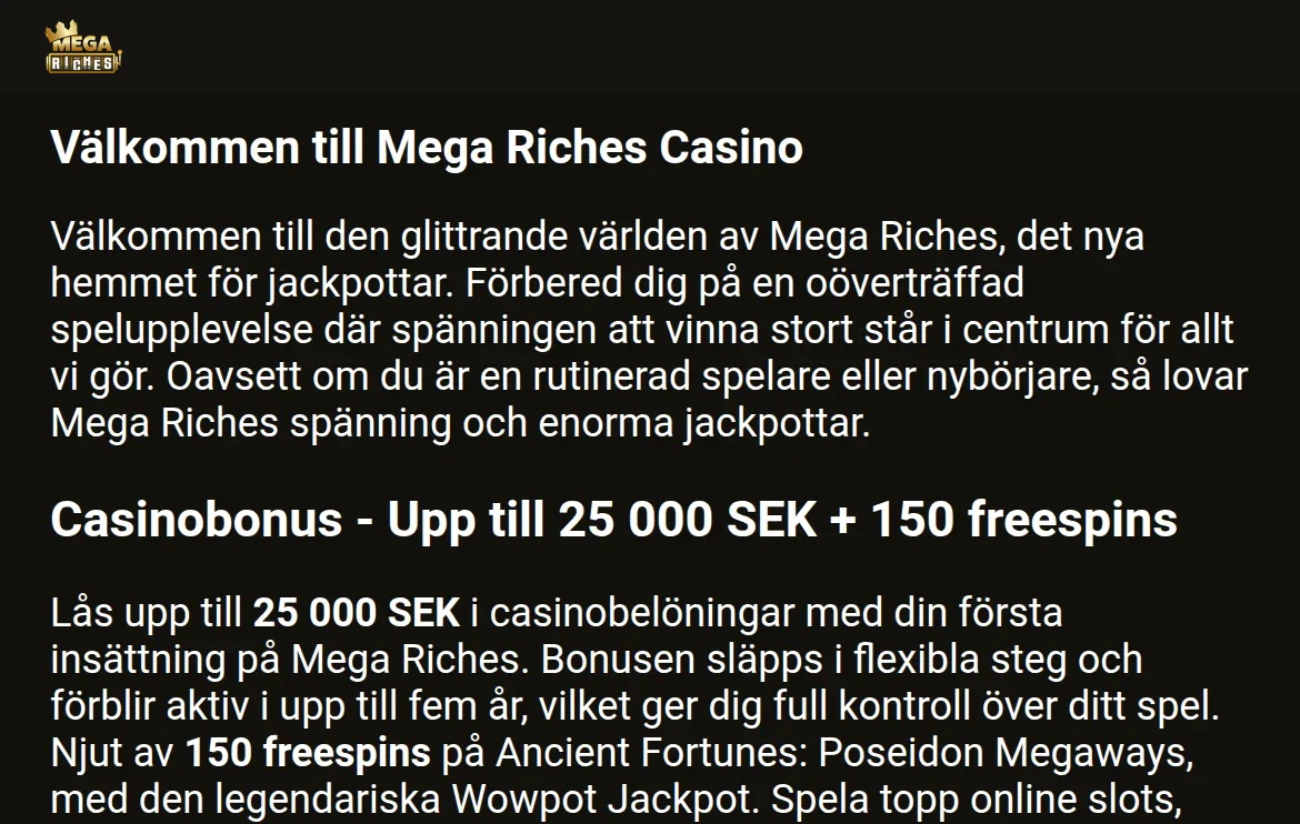 Kampanjsidan hos Megariches med casinobonus och sportbonus