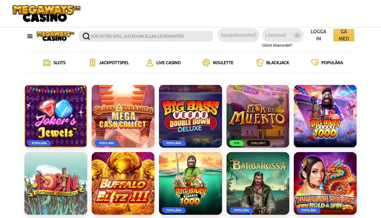 Spellobbyn på Megawayscasino med slots och spelrutor