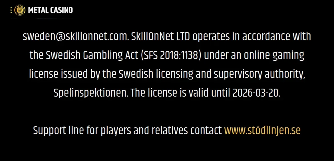 Licensinformationen i Metalcasinos sidfot med hänvisning till Spelinspektionen