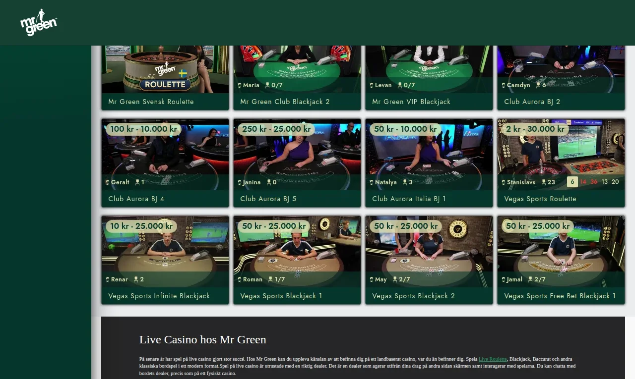 Mr Greens livecasinosektion