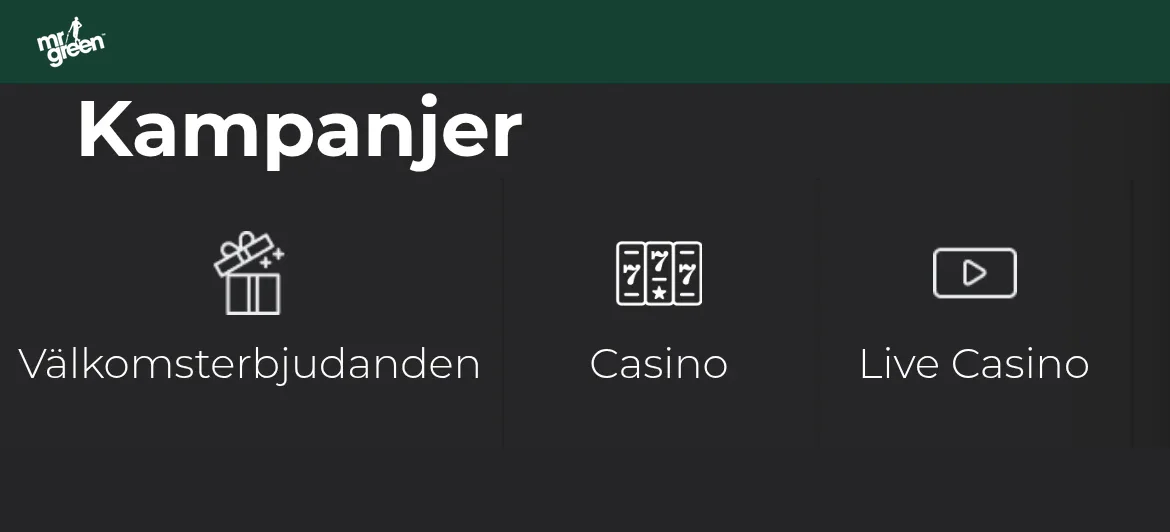 Mr Greens kampanjsida med aktuella erbjudanden