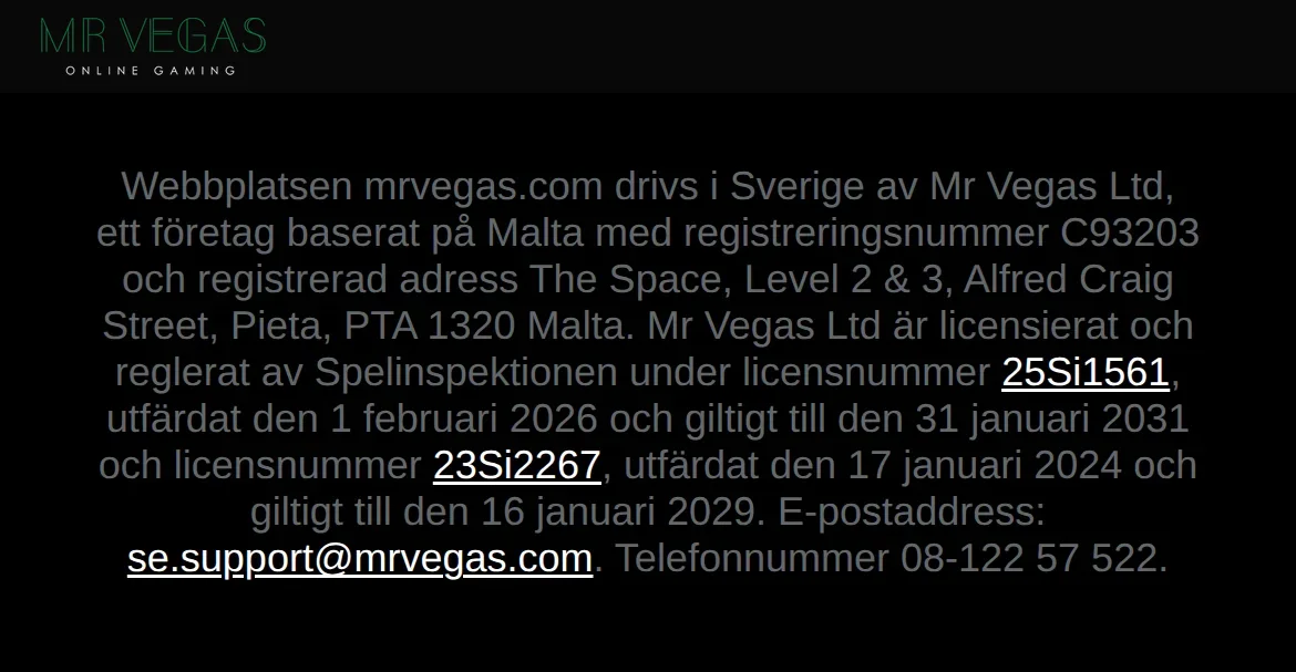 Licensinformation från Spelinspektionen på Mrvegas webbplats