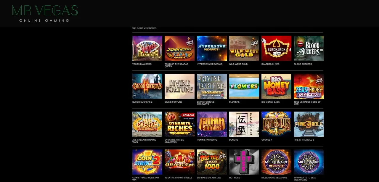Mrvegas lobby, en sektion längre ned på startsidan