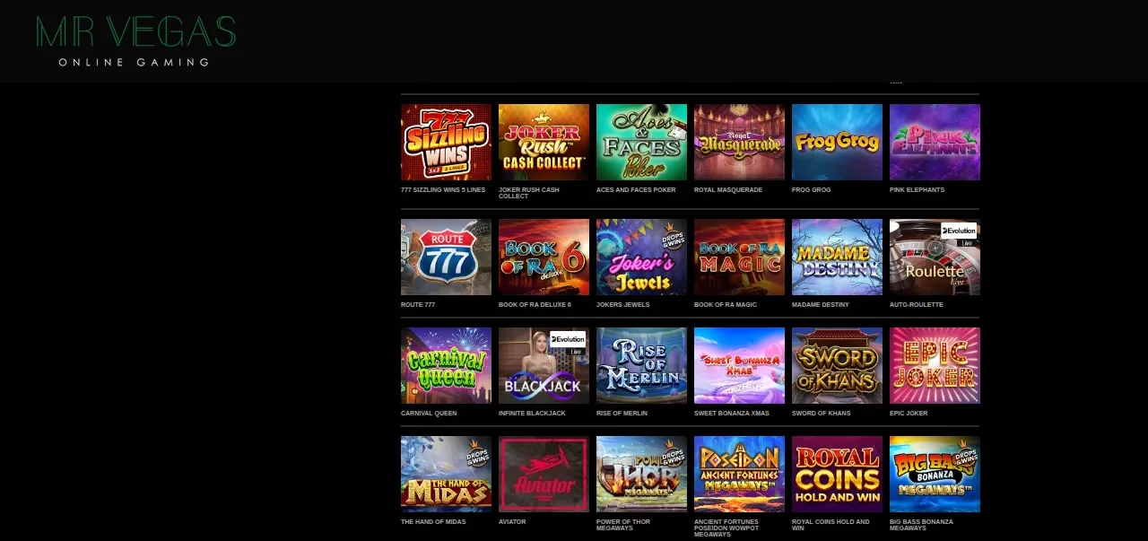 Mrvegas lobby, ytterligare en del längre ned på startsidan