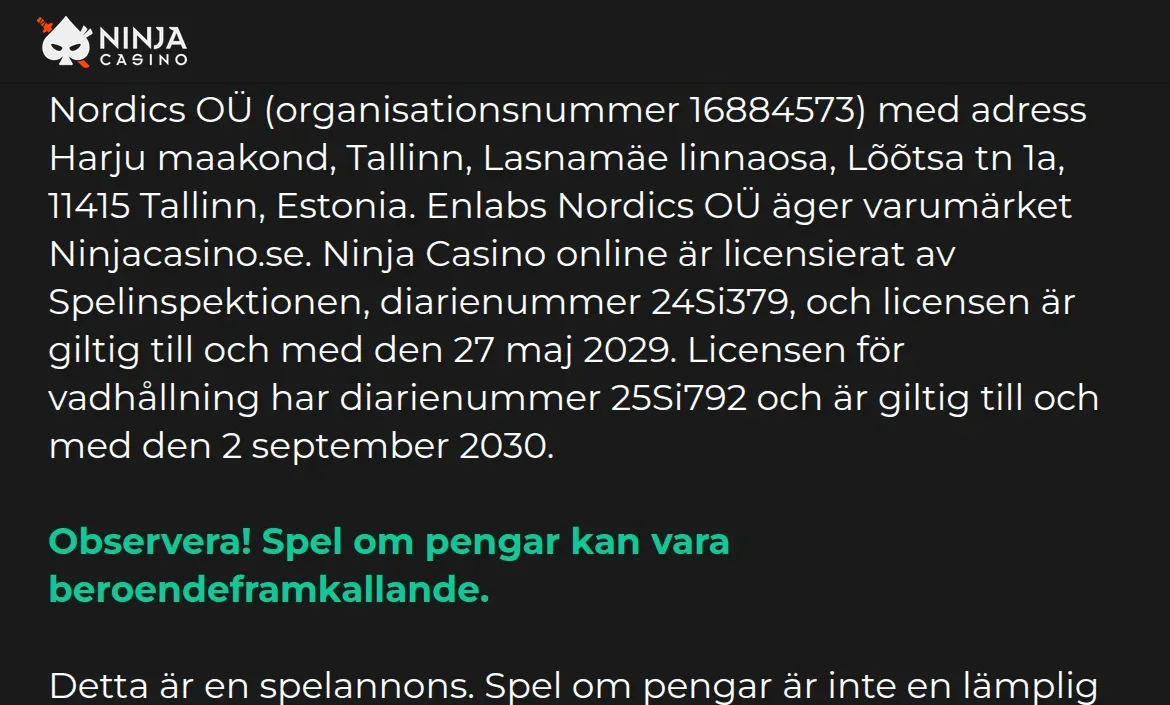 Licensinformation på Ninja Casinos sajt