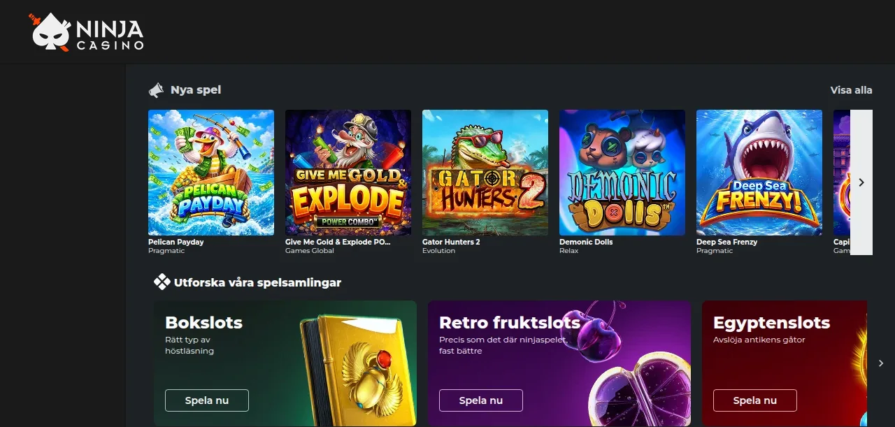 Ninja Casinos startsida med Pay N Play-inloggning via Trustly