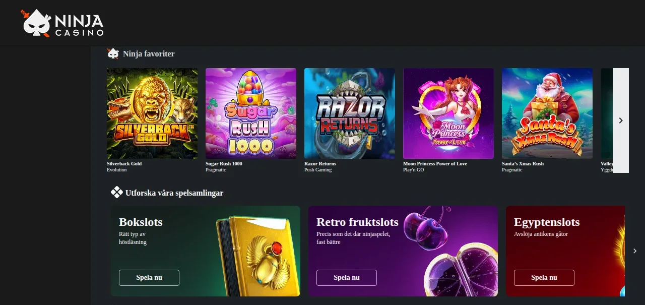 Ninjacasinos spellobby med slots och spelrutor