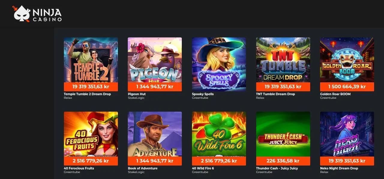 Jackpottsektionen hos Ninjacasino med jackpottspel