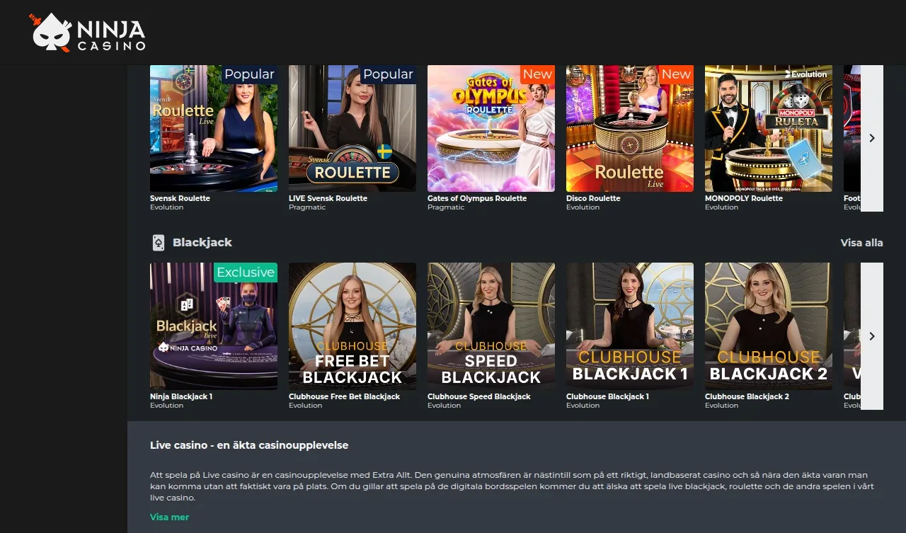 Livecasinosektionen hos Ninjacasino