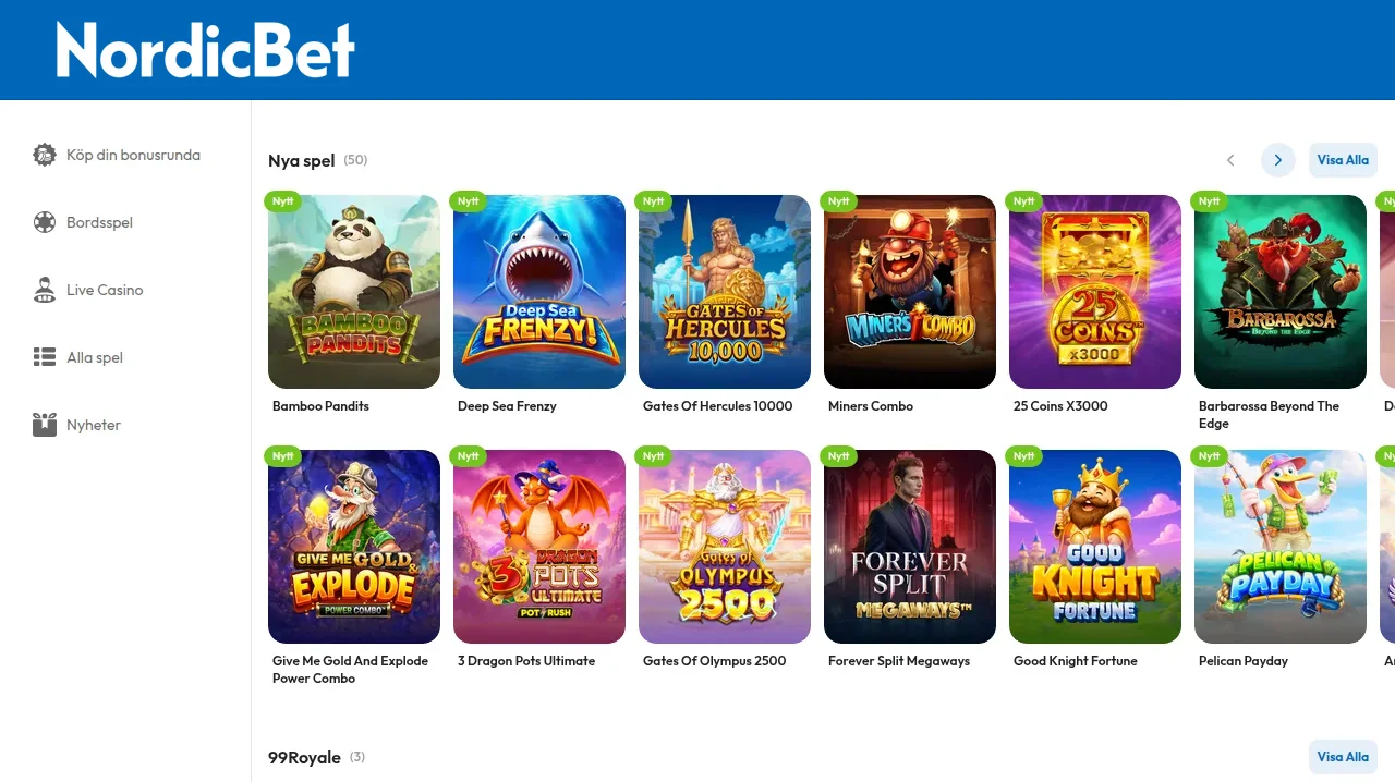 Nordicbets spellobby med speltiles för olika slots